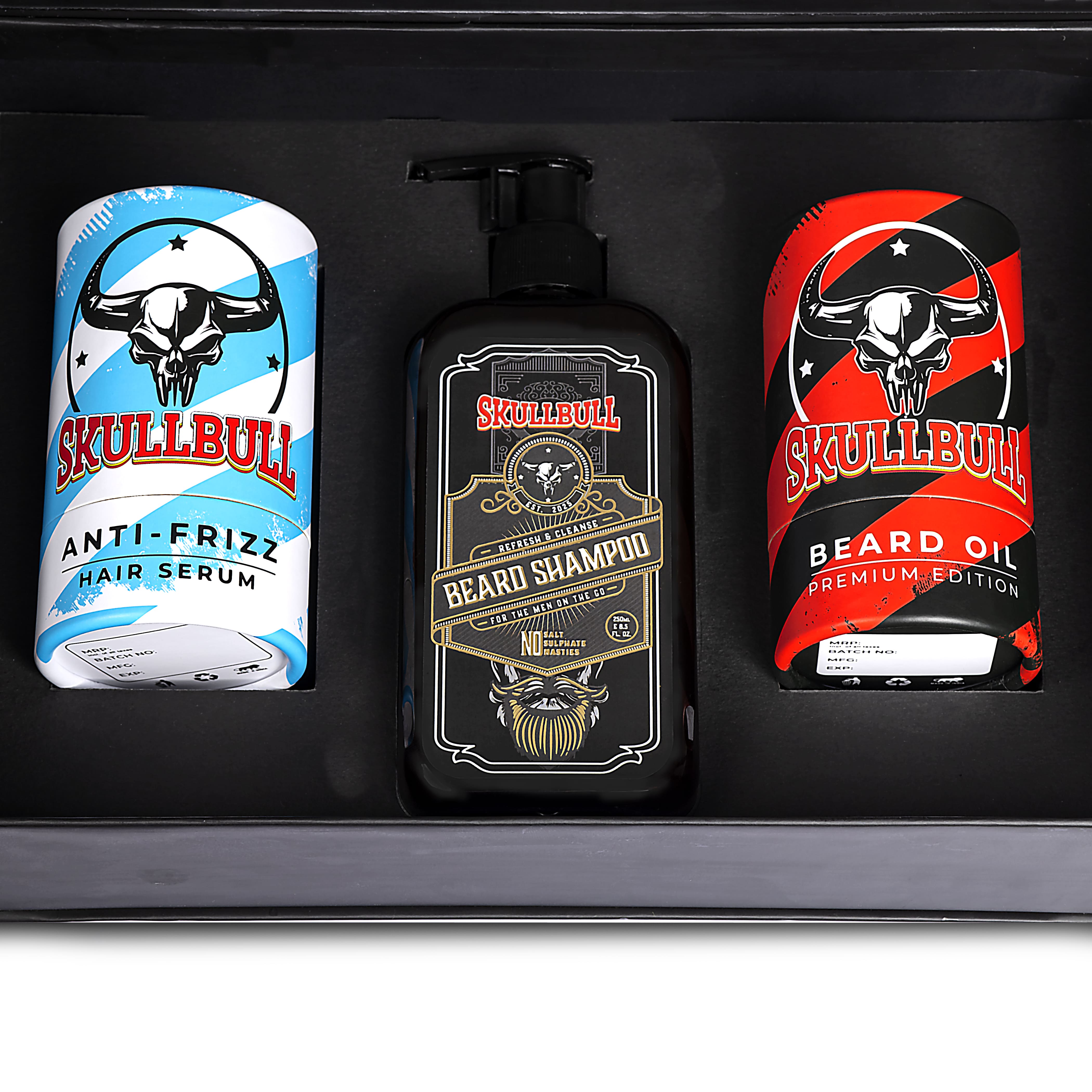Skullbull Premium Grooming Gift Set – Beard Shampoo, Beard Oil & Hair Serum | Fearless Collection