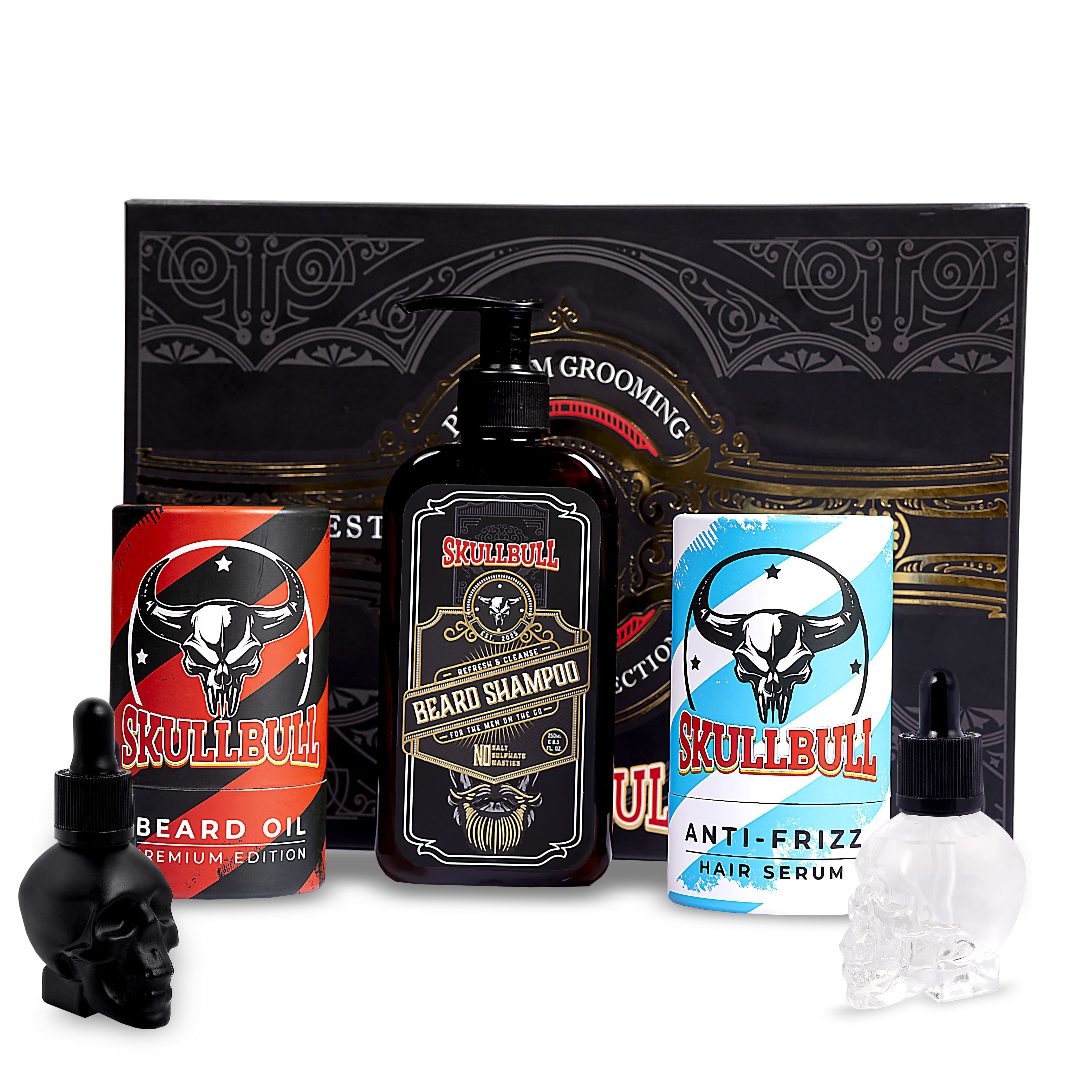 Skullbull Premium Grooming Gift Set – Beard Shampoo, Beard Oil & Hair Serum | Fearless Collection