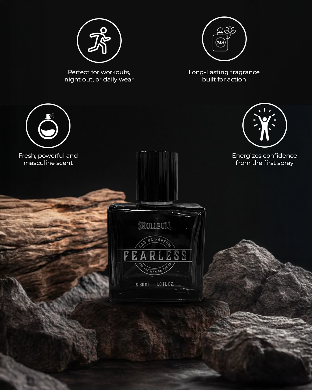 Skulk perfume bottle labeled 'Fearless' on a dark background with icons and text about the product.
