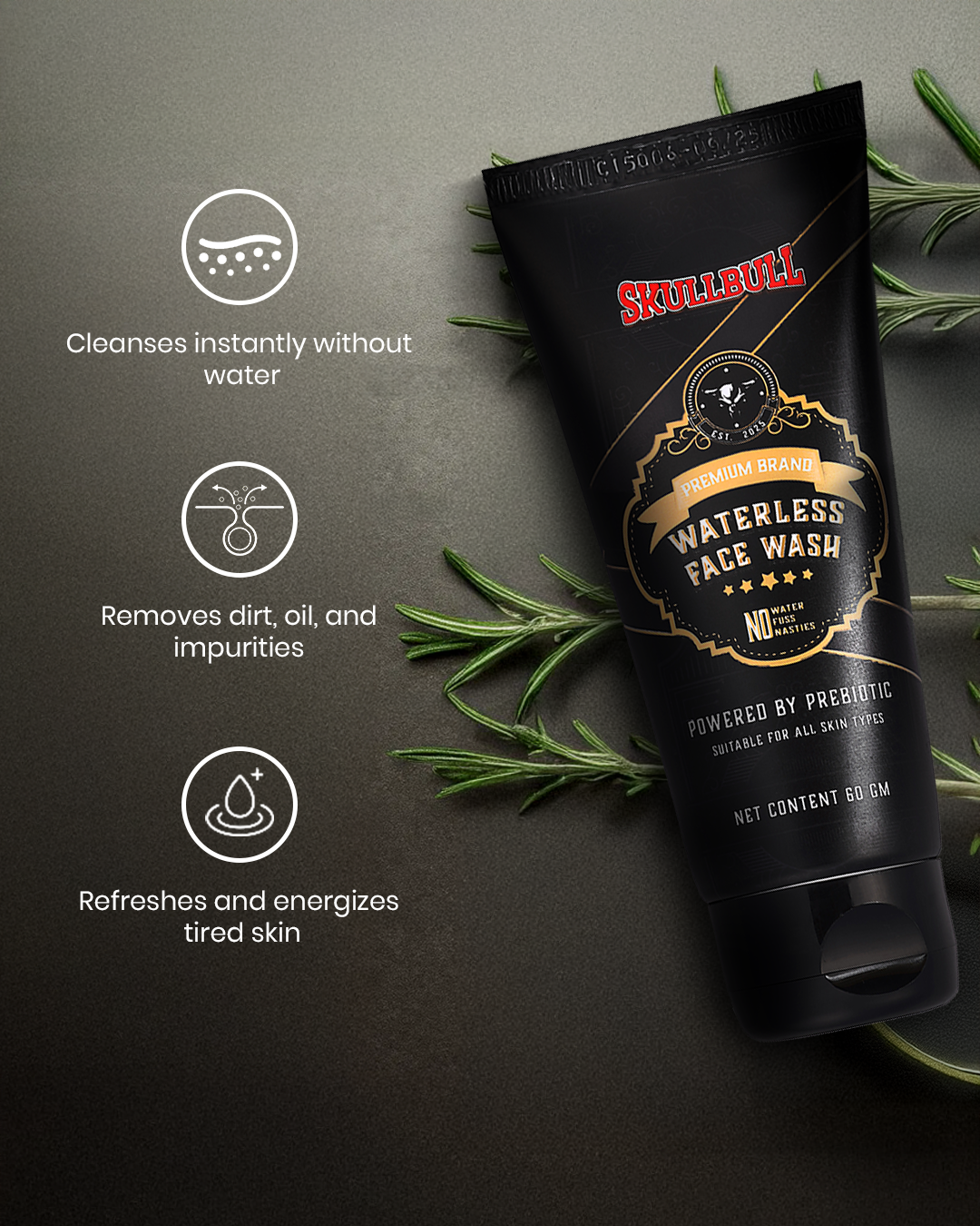 Skullbull Waterless Face Wash – Aloe Vera, Prebiotic Inulin & Glycerin Formula | No-Rinse Instant Cleanser